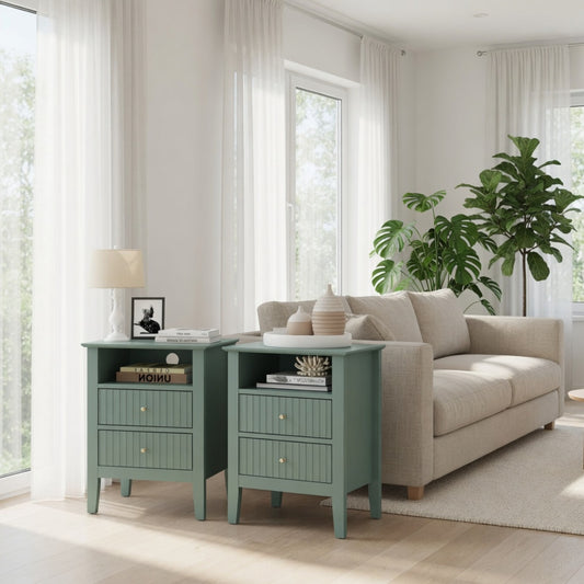 Emootto 18" Fluted 2-Drawer Nightstand Set of 2, Modern Green End Table with Storage - View 1