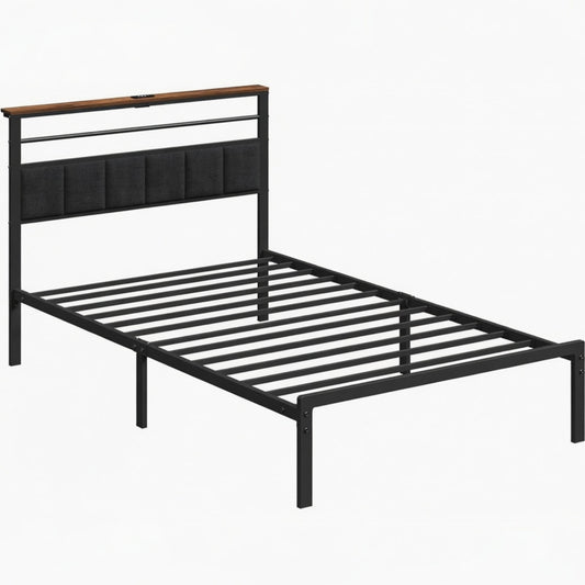 Emootto 39"x80" Black Twin Platform Bed Frame with Charging Station & Headboard - View 2