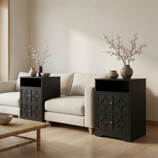 Emootto Set of 2, 18.9” Width Black Wood Nightstand with 2 Drawers & Charging Station, Diamond Carved Side Table - View 1