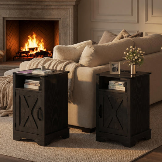 Emootto Set of 2, 16" Black Farmhouse Nightstand w/ Charging Station & Storage - View 1