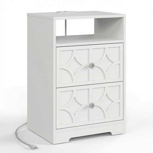 Emootto Set of 2, 18.9” Width White Wood Nightstand with 2 Drawers & Charging Station, Diamond Carved Side Table - View 2