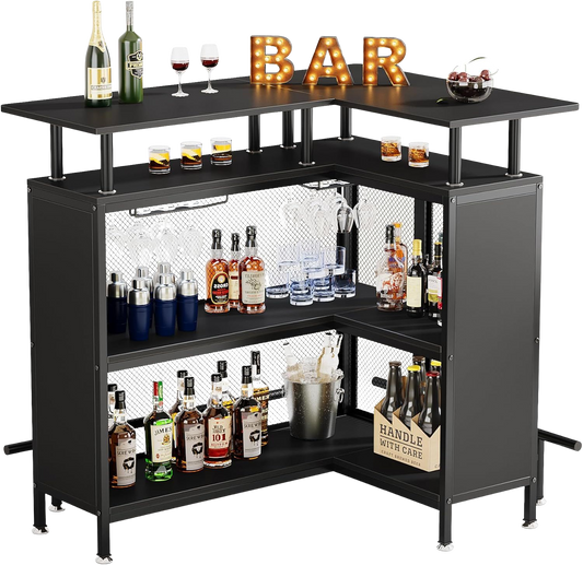 L-Shaped Home Bar Unit, Modern Corner Bar Table with Stemware Holder & 2-Tier Storage Shelves, Mini Liquor Cabinet