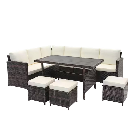 7-Piece Outdoor Rattan Sectional Dining Set, 9-Seat All-Weather Wicker Sofa