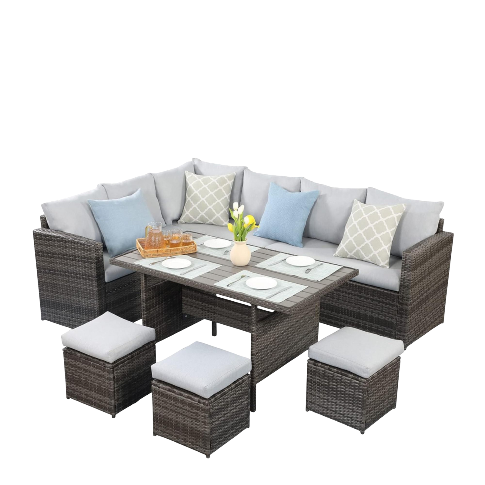7-Piece Outdoor Rattan Sectional Dining Set, 9-Seat All-Weather Wicker Sofa