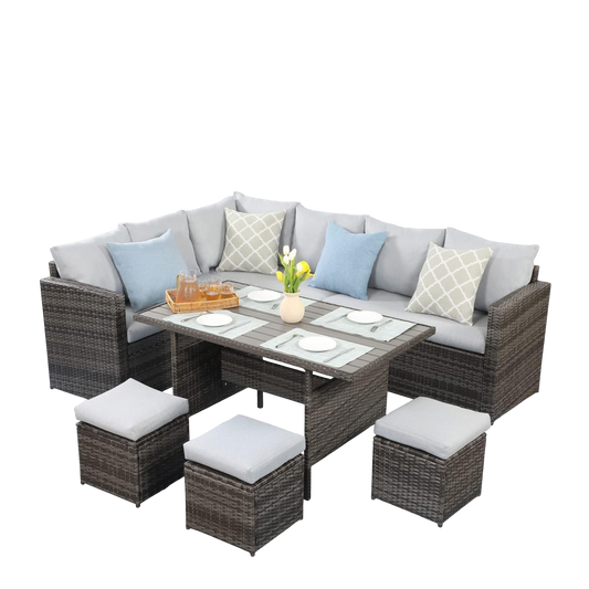 7-Piece Outdoor Rattan Sectional Dining Set, 9-Seat All-Weather Wicker Sofa