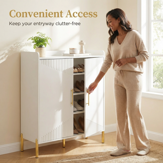 Emootto 6-Tier Large Shoe Cabinet with Fluted Carved Doors, 30-Pair Modern Entryway Storage Organizer with Gold Legs & Adjustable Shelves, White & Gold