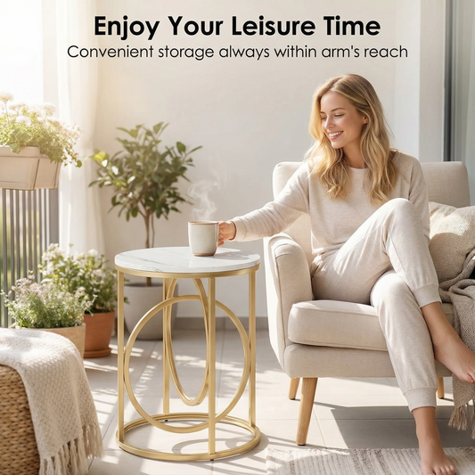 Emoottoo 20" Round Modern Side Table – White Marble Top with Gold Metal Frame, 26" Tall Narrow Accent Table/Nightstand for Living Room, Bedroom