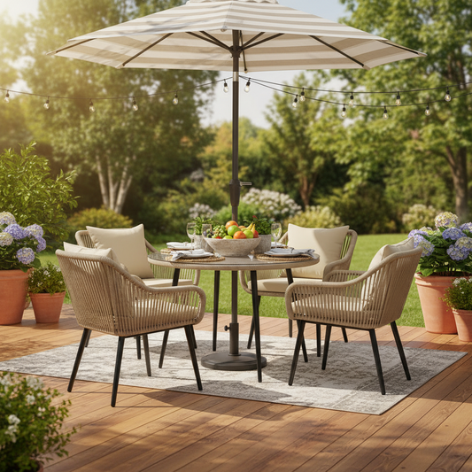Emootto 5-Piece Outdoor Patio Dining Set, Modern Twisted Rattan Furniture Set with 4 Armchairs & Round Glass Table with Umbrella Hole, All-Weather Beige Dining Set for Backyard & Garden