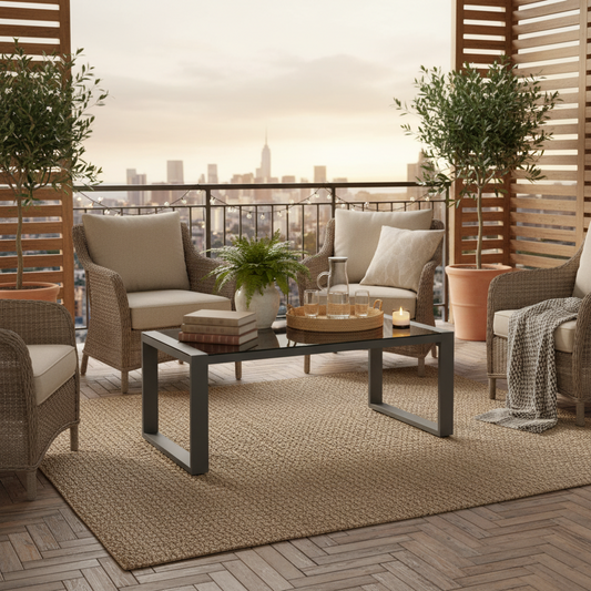 Emootto 44" Modern Aluminum Outdoor Coffee Table - Rust-Proof Frame with Tempered Glass Top, U-Shaped Stability Legs & Adjustable Leveling Feet, Gray