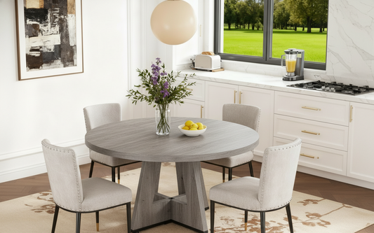 Emootto 47" Round Dining Table for 4-6, Natural Burlywood Kitchen Table with Modern Architectural Base, Circular Farmhouse Dinner Table for Small Spaces