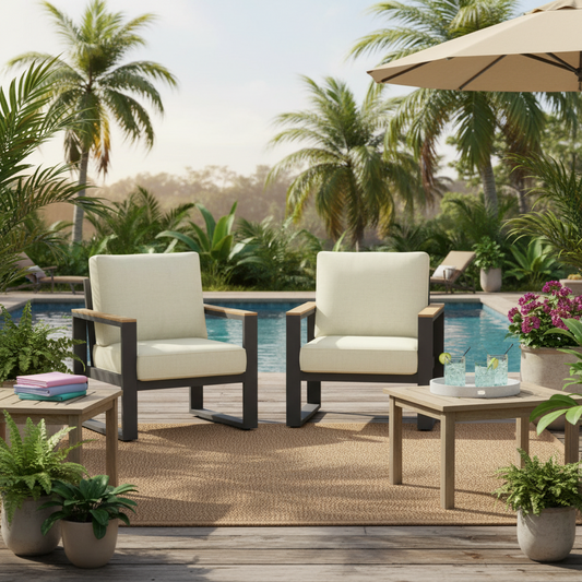 Emootto Modern Aluminum Outdoor Armchair Set of 2 - All-Weather Metal Patio Chairs with U-Shaped Legs and Premium Olefin Cushions, Beige