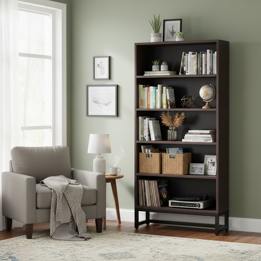Emoottoo 71" Tall Heavy-Duty Sandalwood Bookshelf, 5-Tier Industrial Library Bookcase with Metal Base, 31" Wide Deep Storage Shelving Unit for Home Office & Living Room
