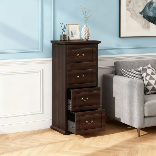 Emootto 51" Vertical File Cabinet with 4 Drawers, Tall Wood Filing Cabinet for A4/Letter Size Folders, Mid-Century Modern Storage Organizer for Home Office, Walnut
