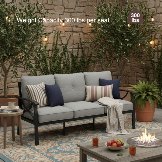 Emootto Modern 3-Seat Outdoor Patio Sofa - All-Weather Metal Couch with Premium Olefin Cushions, Grey