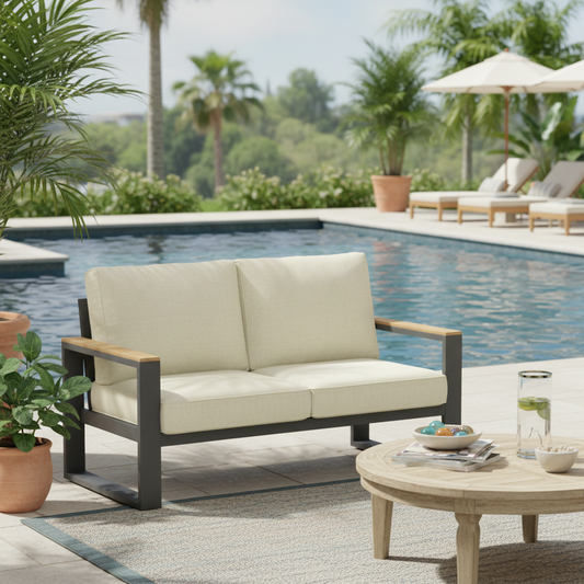 Emootto Modern Aluminum Outdoor Loveseat - All-Weather Metal Patio Sofa with U-Shaped Legs and Premium Olefin Cushions, Beige