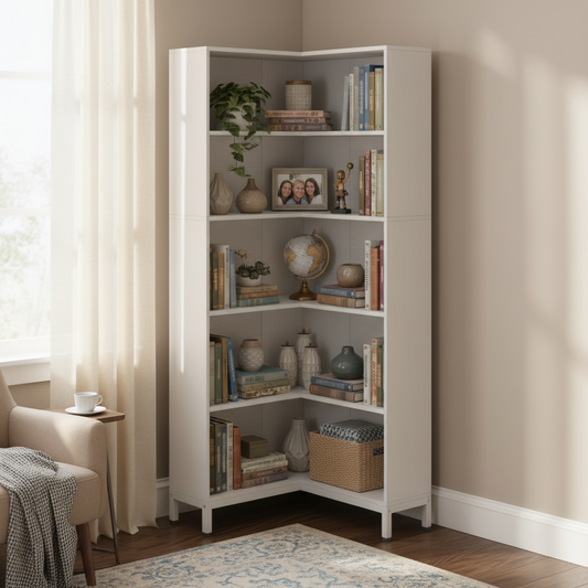 Emootto 71" Tall L-Shaped Corner Bookshelf, 6-Tier Modern Corner Bookcase with Metal Legs & Back Panels, Freestanding Wooden Display Rack for Home Office & Living Room, White
