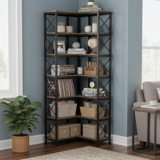 Emoottoo 79" Tall 7-Tier Industrial Corner Bookshelf, Large 14-Shelf L-Shaped Corner Bookcase with X-Bar Reinforcement, Modern Rustic Brown Display Rack for Home Office & Living Room