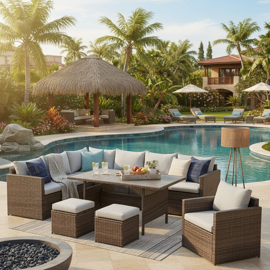 7-Piece Outdoor Rattan Sectional Dining Set, 9-Seat All-Weather Wicker Sofa