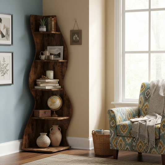 Emootto 70" Tall Wavy Corner Shelf, Modern 5-Tier Curvy Bookshelf in Rustic Brown Wood Grain, Unique Aesthetic Display Rack & Plant Stand for Living Room, Small Spaces
