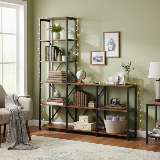 Emootto 71" Tall Stepped Ladder Bookshelf, 6-Tier Industrial Etagere Bookcase with 9 Open Shelves, Rustic Staircase Display Shelf & Room Divider for Living Room