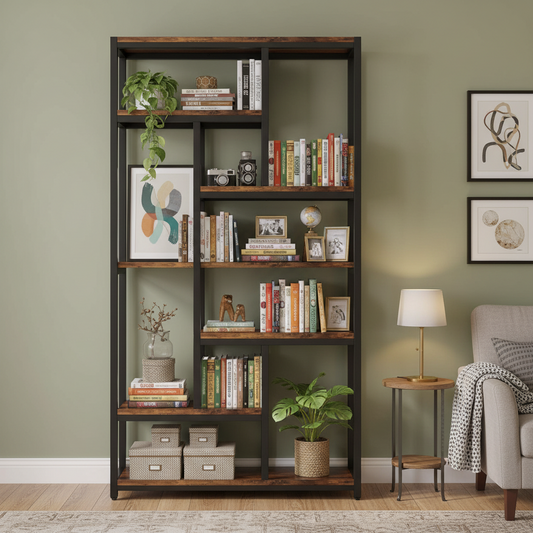 Emootto 79" Extra Tall Industrial Bookshelf, 7-Tier Staggered Etagere Bookcase with 10 Open Shelves, Massive Display Rack & Room Divider, Rustic Brown