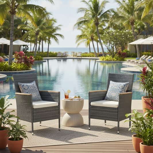 Emootto 4-Piece Outdoor Rattan Dining Chairs - All-Weather Hand-Woven PE Wicker Armchairs with Wood-Accented Armrests and Premium Cushions, Gray