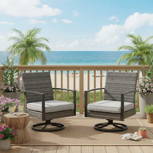 Emootto Outdoor Swivel Rocker Patio Chairs Set of 2 - All-Weather Hand-Woven PE Rattan with Premium Cushions, 360° Rotation & Gentle Rocking Motion, Gray