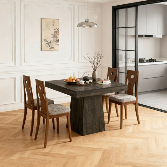 Emootto 31.5" Square Dining Table, Modern Farmhouse Kitchen Table with Sturdy Pedestal Base for 4, Grey Wood Grain