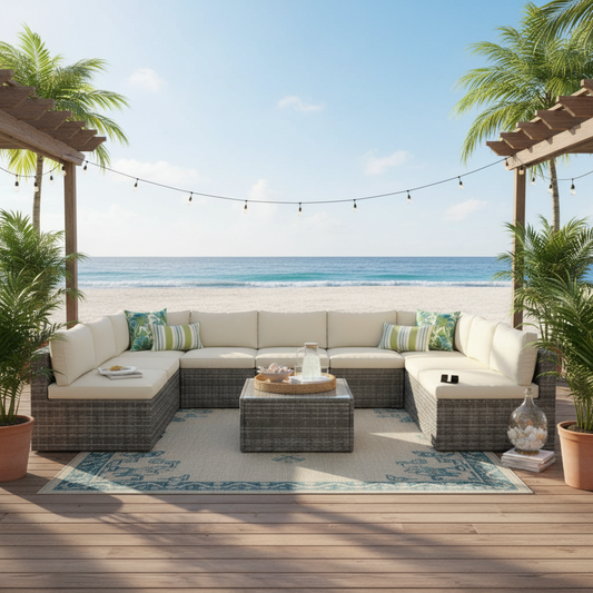 Emootto 7-Piece Outdoor Modular Rattan Sofa Set - All-Weather Hand-Woven Brown Wicker Couch with 6 Seating Sections and Tempered Glass Coffee Table, Beige Cushions