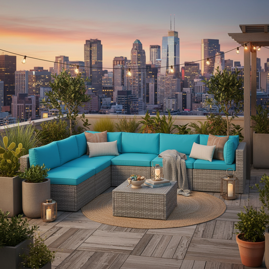 Emootto 7-Piece Outdoor Modular Rattan Sofa Set - All-Weather Gray Wicker Couch with Vibrant Light Blue Cushions and Tempered Glass Coffee Table, 6-Seat Sectional