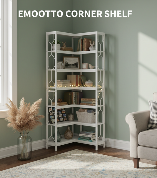 Emoottoo 78.7" Tall 7-Tier Industrial Corner Bookshelf, Modern All-White Wood & Metal Etagere Display Shelf with Protective Railings, Space-Saving Hexagonal Corner Stand for Home Office & Bedroom