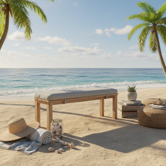 Emootto 49" All-Weather Aluminum Outdoor Bench - Wood-Look Hand-Painted Texture with Plush Beige Olefin Cushion, Rust-Proof Patio Seating, Light Wood Khaki