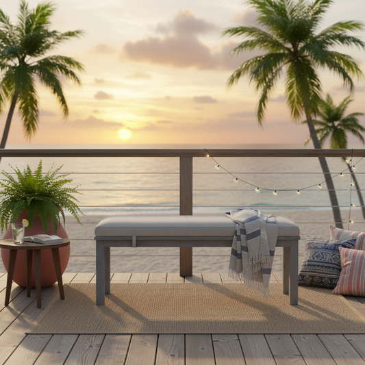 Emootto 49" All-Weather Aluminum Outdoor Bench - Wood-Look Hand-Painted Texture with Plush Gray Olefin Cushion, Rust-Proof Patio Seating, Modern Gray