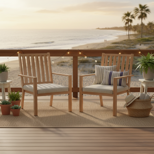 Emootto Modern Farmhouse Outdoor Dining Chairs Set of 2 - All-Aluminum Frame with Light Wood Texture and Premium Olefin Cushions