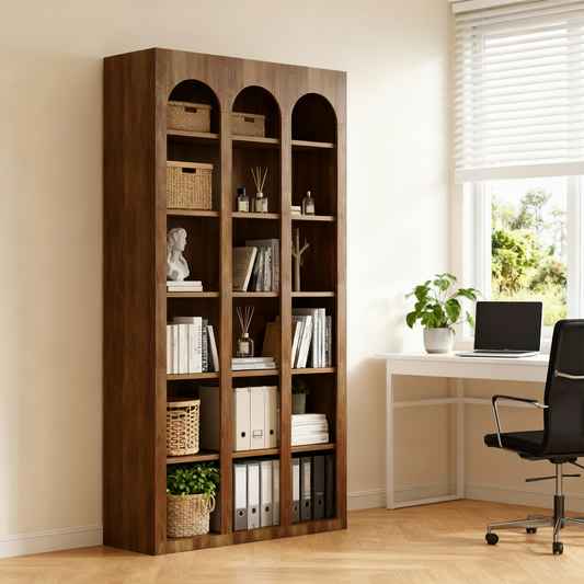 Emoottoo 71" Tall 5-Tier Triple Arch Bookshelf, Mid-Century Modern Farmhouse Bookcase with 15 Storage Cubbies, Large Rustic Brown Vintage Display Shelving Unit for Home Office