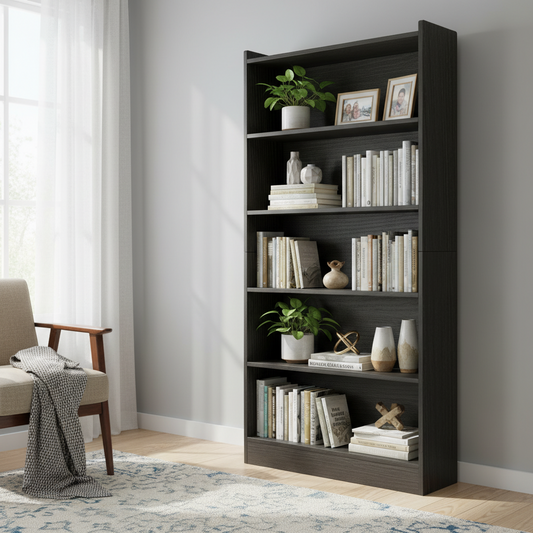 Emoottoo 72" Tall 6-Tier Modern Black Bookcase, Large Library Storage Bookshelf with Dust-Proof Backboard, 35" Wide Deep Display Shelving Unit for Executive Office & Living Room