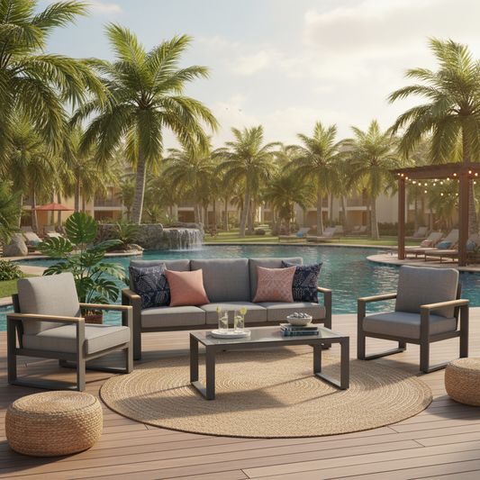 Emootto 4-Piece Modern Aluminum Outdoor Conversation Set - 5-Seat Patio Lounge Furniture with 75" Sofa, 2 Armchairs & Tempered Glass Coffee Table, Gray