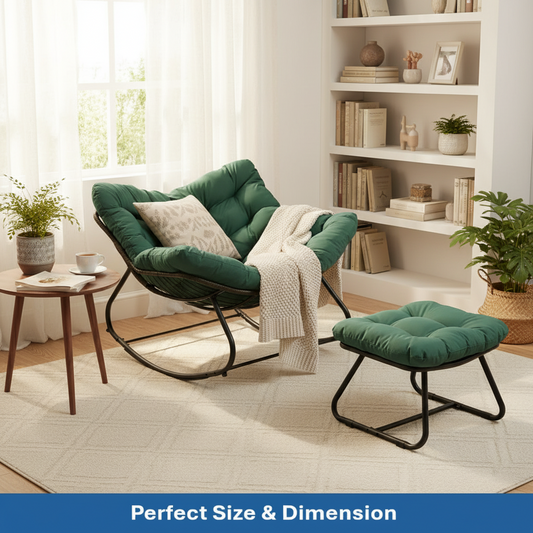 Emootto Outdoor Egg Rocking Chair with Ottoman, Oversized Papasan Lounge Chair with 5" Thick Cushion, All-Weather Wicker Rocker for Patio, Garden & Living Room, Green