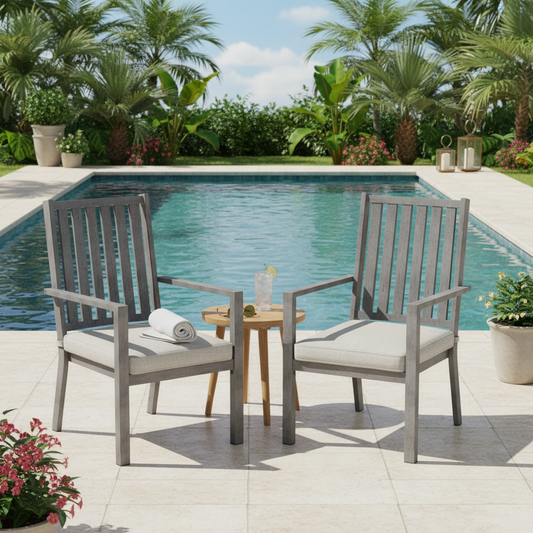 Emootto Modern Farmhouse Outdoor Dining Chairs Set of 2 - All-Aluminum Frame with Wood-Like Texture and Premium Olefin Cushions, Grey