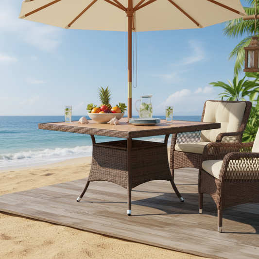 Emootto 35" Square Outdoor Patio Dining Table - All-Weather Brown Rattan with Genuine Acacia Wood Tabletop, 400 lbs Capacity