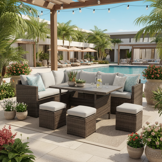 Emootto 7-Piece Outdoor Rattan Sectional Dining Set - 9-Seat All-Weather Wicker Sofa with 3 Ottomans and WPC Dining Table, Brown with Classic Gray Cushions