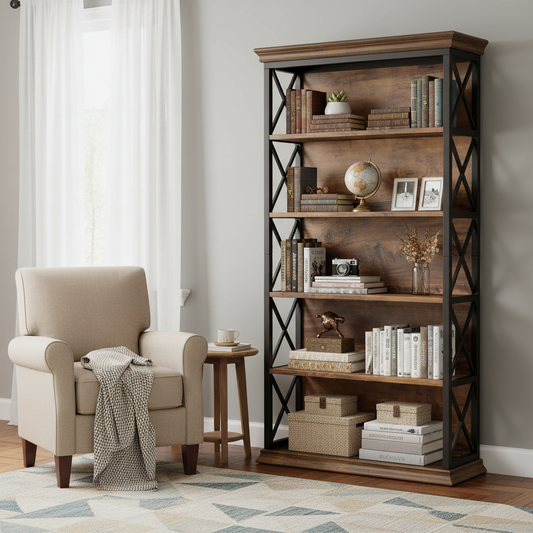 Emoottoo 71" Tall 6-Tier Industrial Bookshelf with Crown Molding, Heavy-Duty Wood & Metal Display Shelf with X-Pattern Accents, Large Capacity Executive Bookcase for Living Room & Home Office