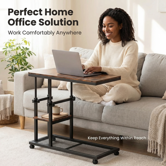 Emoottoo Height Adjustable C Table with Wheels, Mobile Couch Snack Side Table with Tiltable Drawing Board, Sofa Bedside Laptop Stand C Shaped TV Tray with Storage Shelves