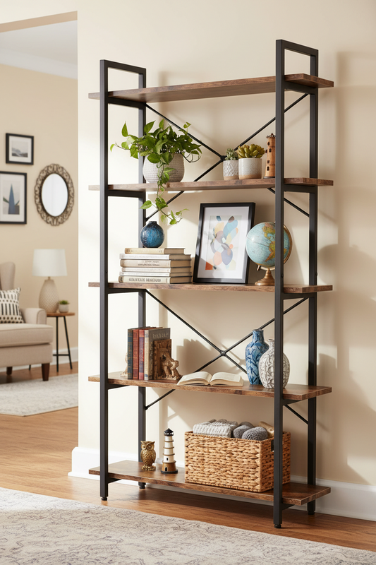 Emootto 63" Tall Industrial 5-Tier Bookshelf, Rustic Etagere Bookcase with Heavy-Duty Metal Frame, Open Display Storage Shelving Unit for Home Office & Living Room