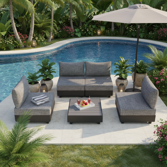 Emootto 5-Piece Modular Outdoor Aluminum Sectional Set - All-Weather Patio Conversation Set with 6-Inch Olefin Cushions and Coffee Table, Dark Grey