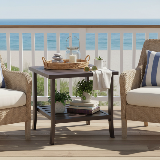 Emootto 19" 2-Tier Outdoor Side Table - Square All-Weather Metal Patio End Table with Storage Shelf, Rust-Resistant Powder-Coated Steel, Brown