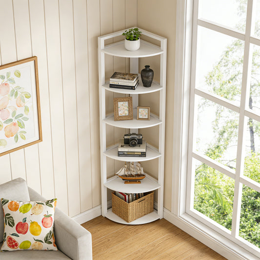 Emootto 6-Tier Modern White Corner Shelf, 71" Tall Corner Bookshelf with Slim Metal Frame, Narrow Space-Saving Display Rack for Bathroom, Living Room & Bedroom, White