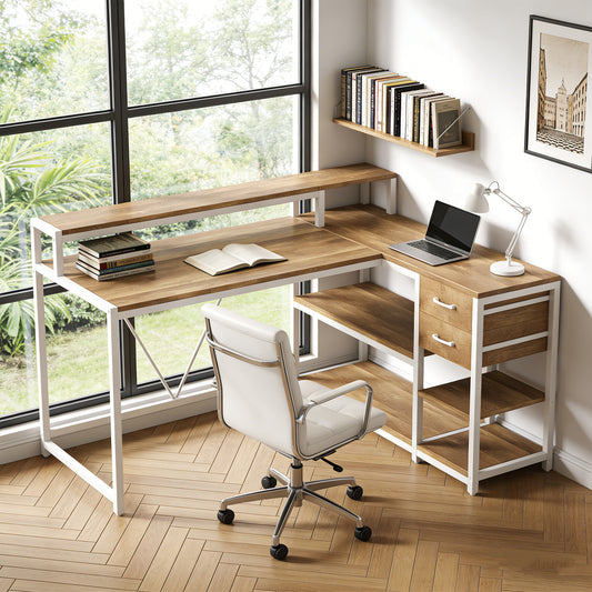 Emoottoo L Shaped Desk with Drawers and Monitor Stand, L Corner Desk with Storage Shelves, Beige Wooden PC Table for Samll Home Office