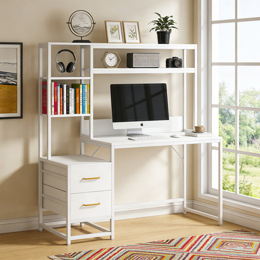 Emoottoo 55 Inch Computer Desk with 2 Drawers and Storage Shelves, Rustic Office Desk with Hutch, Study Writing Gaming Table Laptop Workstation for Home Office (White)