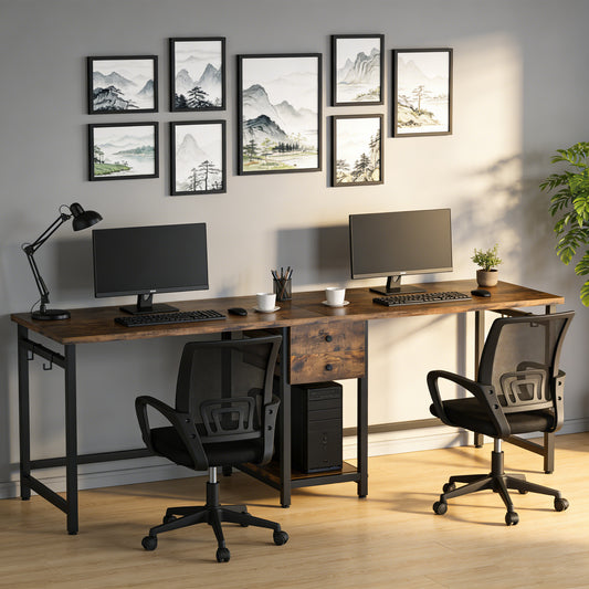Emoottoo Two Person Desk, 79 Inch Double Desk with 2 Drawers, Large Computer Desk Long Desks with Storage Shelves, Writing Table Study Desk for Home Office, Rustic Brown (NY001)